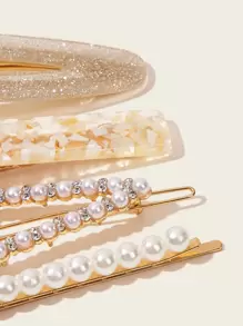 4 piezas Clip de cabello elegante con decoración de diamantes de imitación y perlas falsas - Multicolor - Ver 3