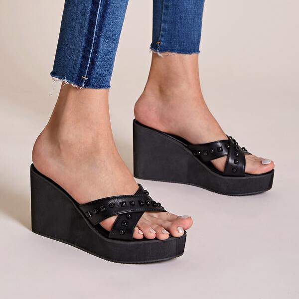 

Studded Decor Open Toe Wedges, Black