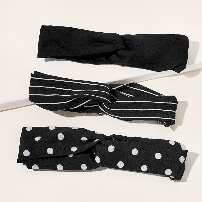 

3pcs Striped & Polka Dot Pattern Headband, Black and white