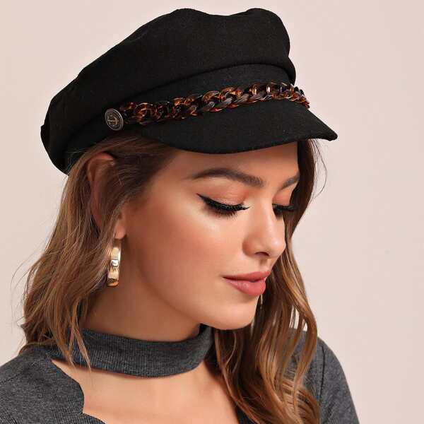 

Tortoiseshell Chain Decor Baker Boy Cap, Black
