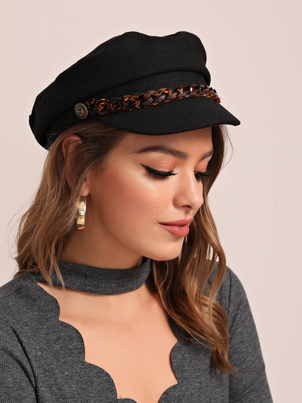 

Tortoiseshell Chain Decor Baker Boy Cap, Black