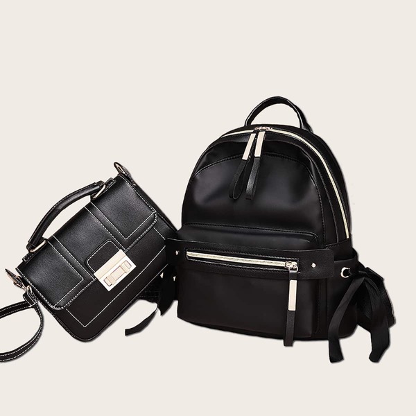 

2pcs Pocket Front Backpack With Satchel Bag, Black