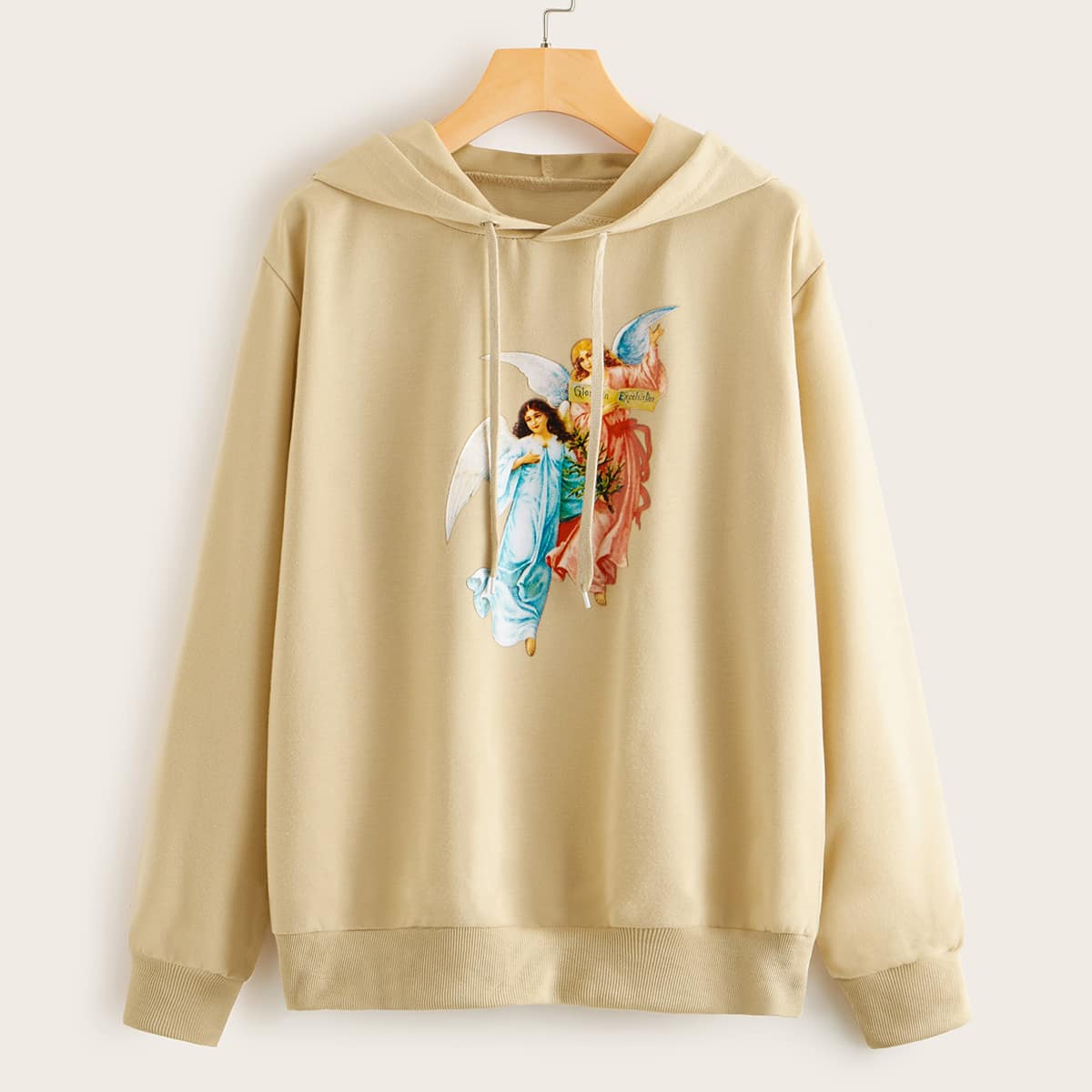 

Angel Print Drawstring Hoodie, Khaki