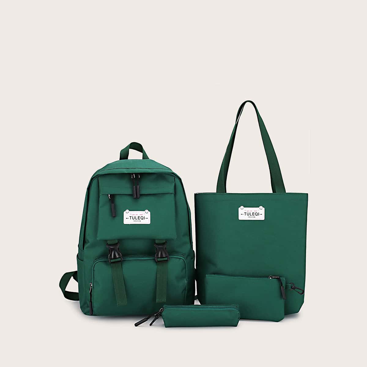 

4pcs Release Buckle Strap Backpack With Book Bag, Green