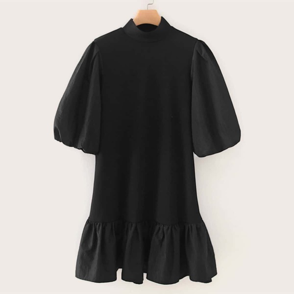 

Balloon Sleeve Ruffle Hem Babydoll Dress, Black