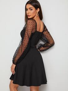 SHEIN Privé Dobby Mesh Sleeve Square Neck Dress - Black - View 2