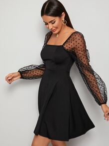 SHEIN Privé Dobby Mesh Sleeve Square Neck Dress - Black - View 4
