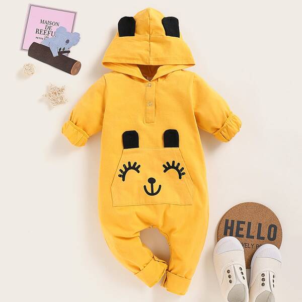 

Baby Girl Cartoon Graphic 3D Ear Design Hooded Jumpsuit, Mustard yellow