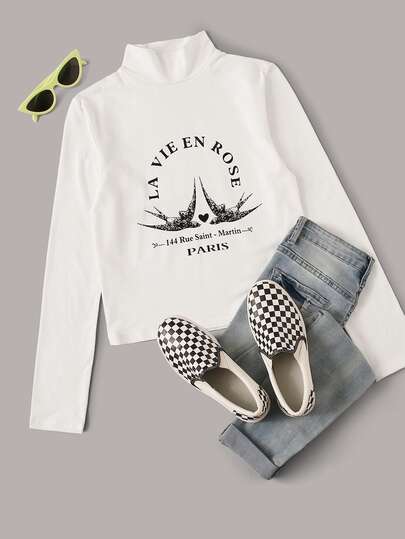 T-Shirt mit Buchstaben Grafik und Stehkragen