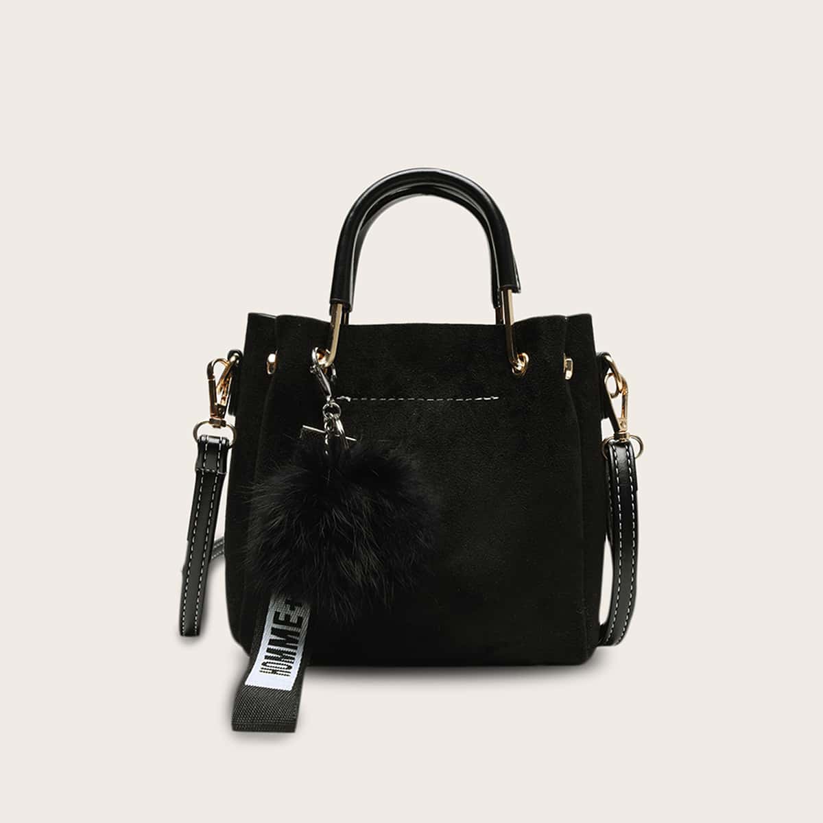 

Pom Pom Decor Satchel Bag, Black