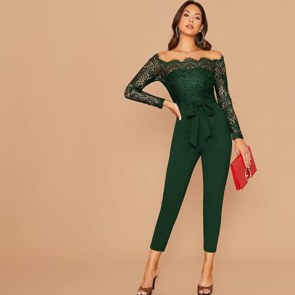 

Off Shoulder Lace Bodice Belted Cropped Skinny Jumpsuit, Dark green