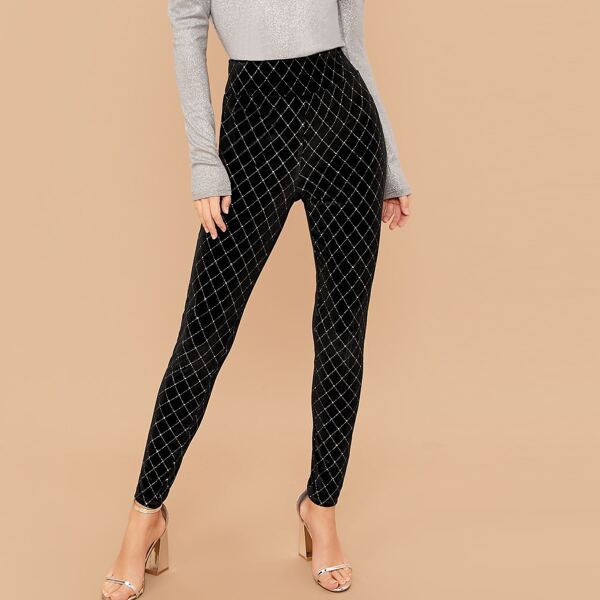 

Glitter Plaid Velvet Leggings, Black