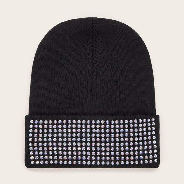 

Rhinestone Decor Knitted Beanie, Black