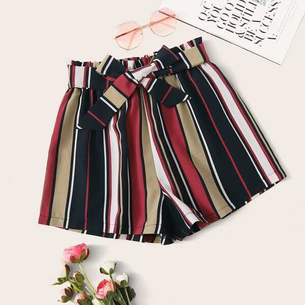 

Шорты с полосатым принтом и поясом, Многоцветный