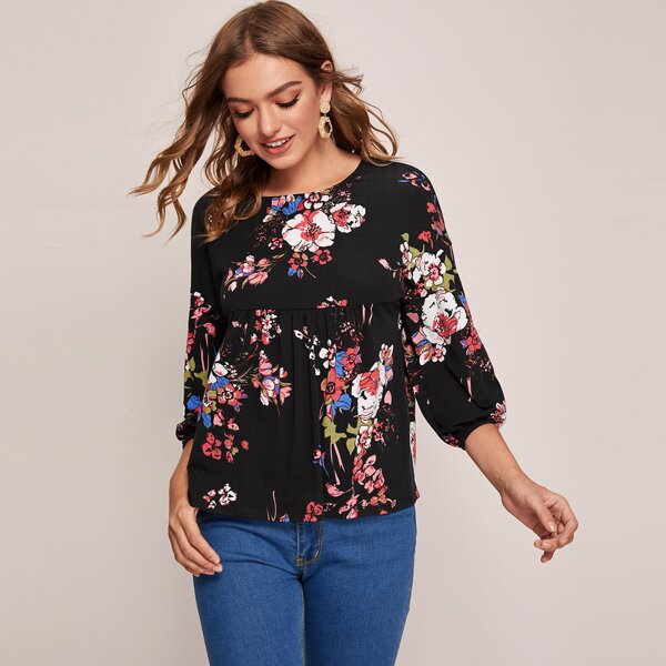 

Lantern Sleeve High-low Hem Floral Print Babydoll Blouse, Multicolor
