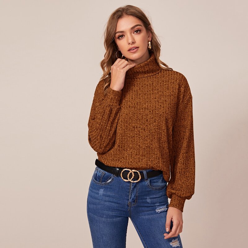 

High Neck Lantern Sleeve Rib-knit Tee, Brown