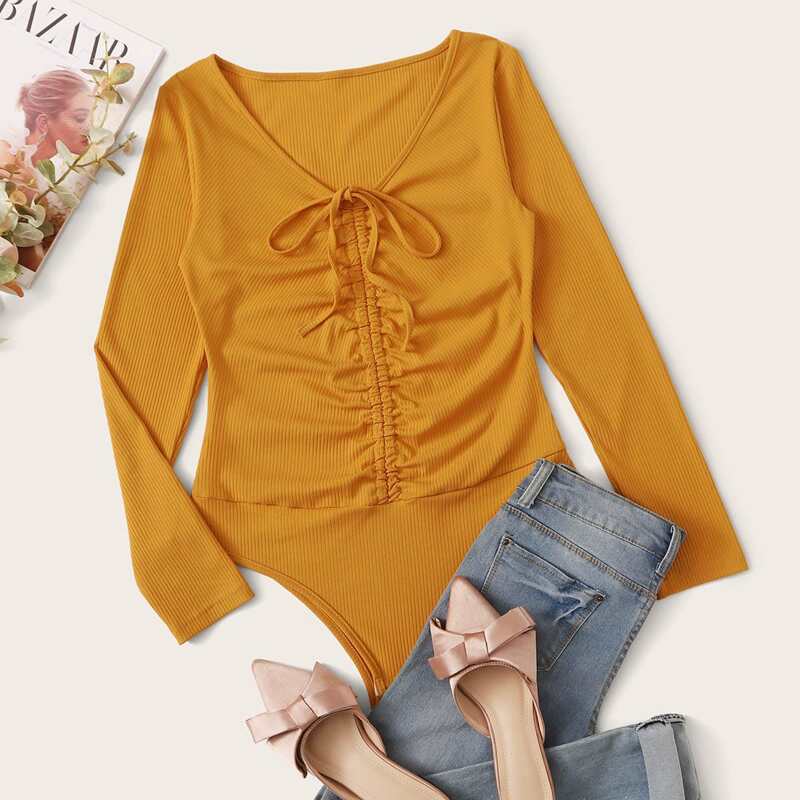

Solid Drawstring Front Ribbed Bodysuit, Yellow