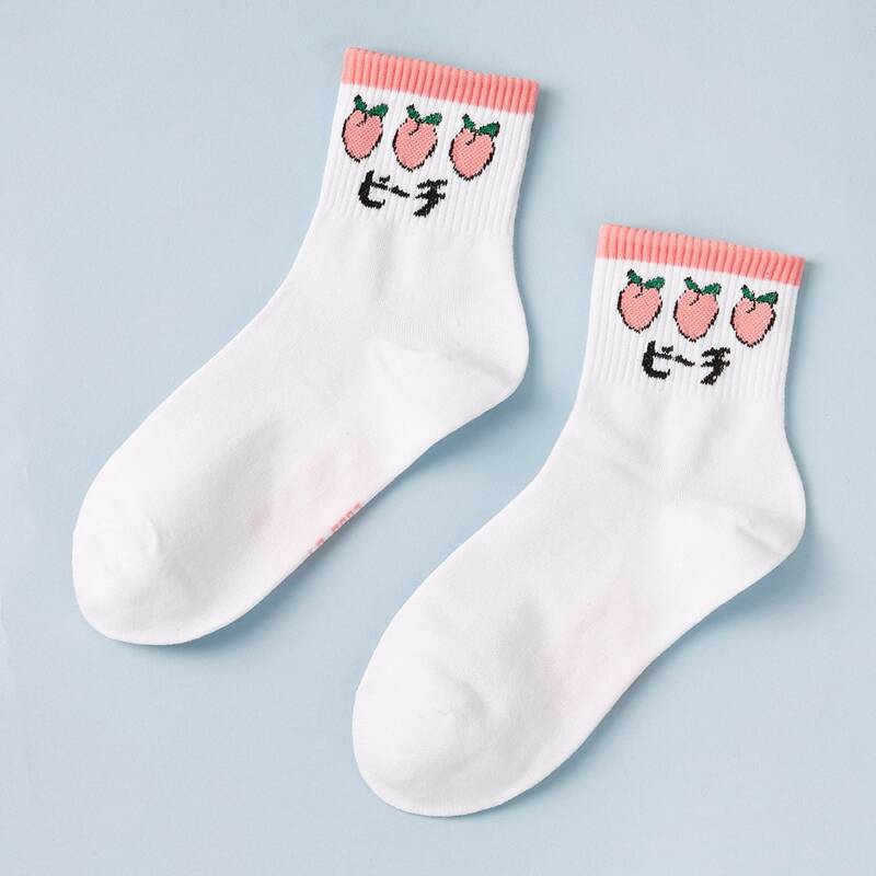 

1pair Peach Pattern Socks, White