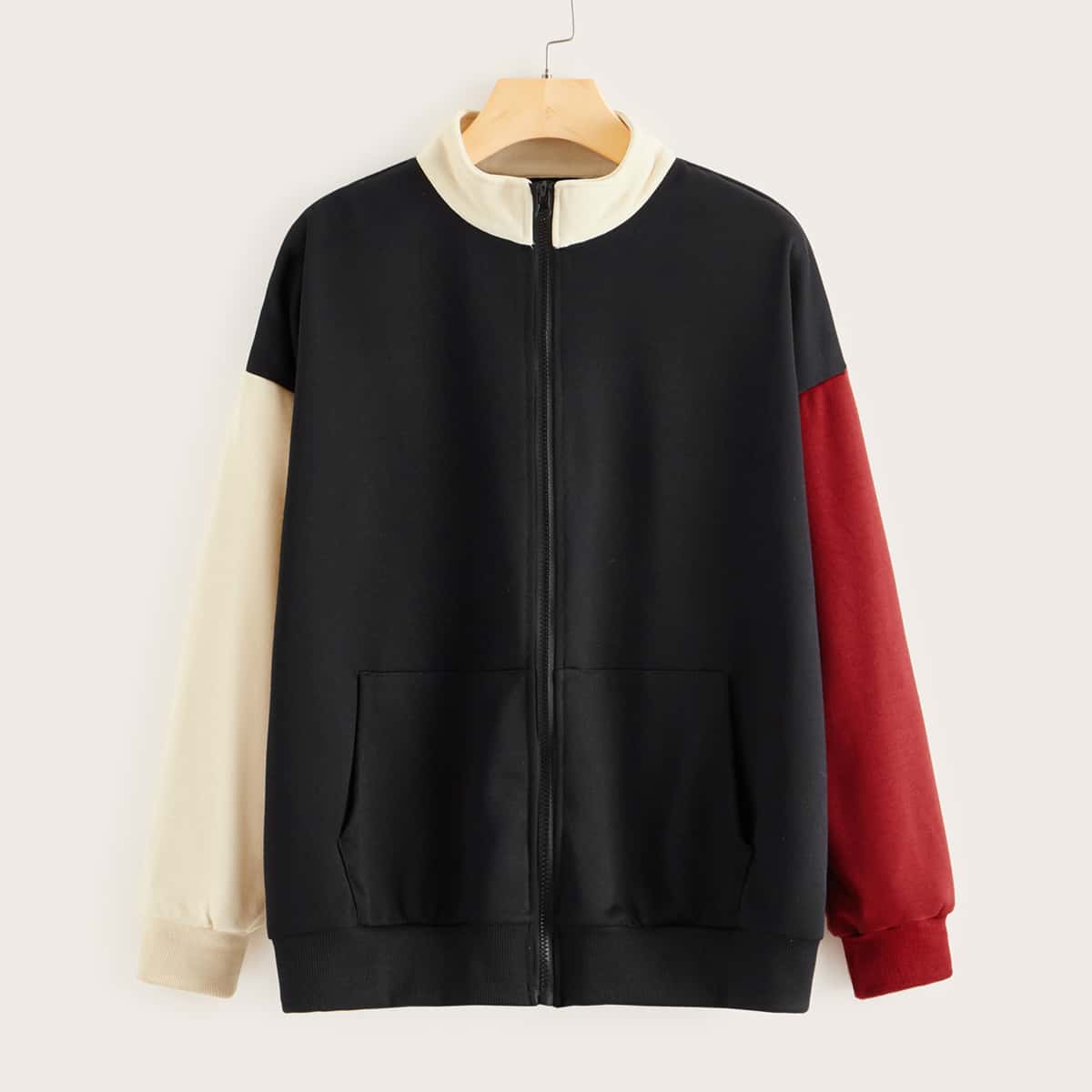 

Color-block Pocket Front Zip-up Sweatshirt, Black