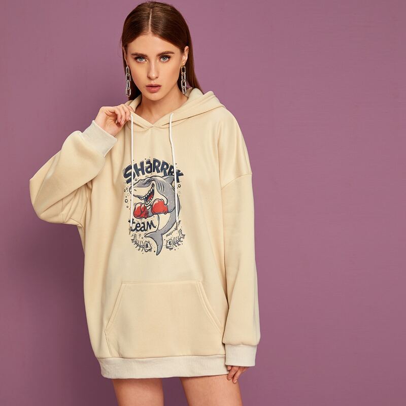 

Letter & Cartoon Graphic Kangaroo Pocket Oversized Hoodie, Beige