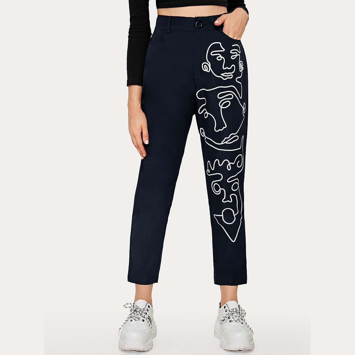 

Abstract Figure Graphic Carrot Pants, Navy