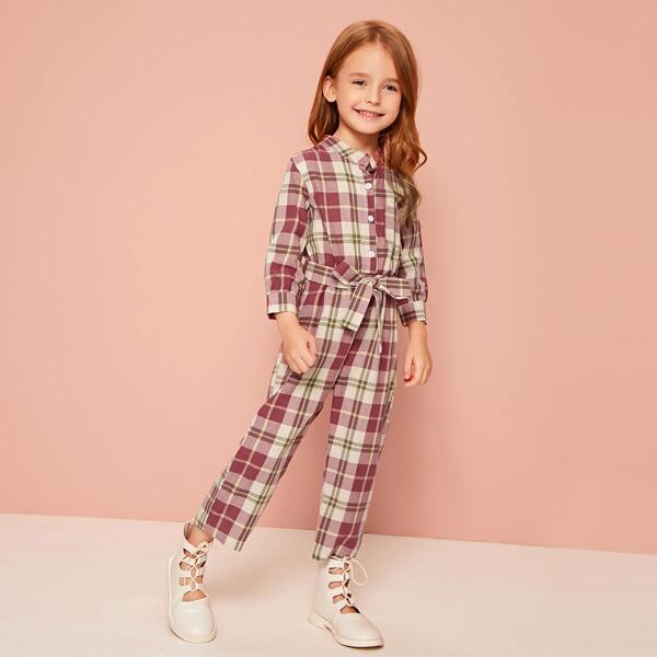 

Toddler Girls Self Tie Plaid Shirt Jumpsuit, Multicolor