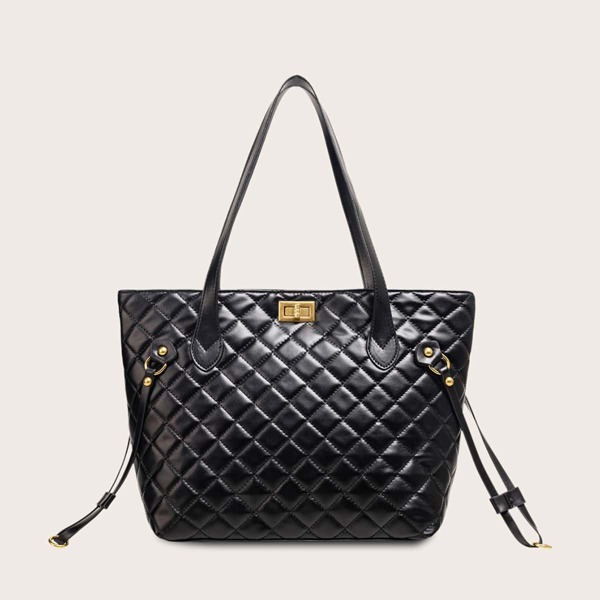 

Quilted Twist Lock Tote Bag, Black