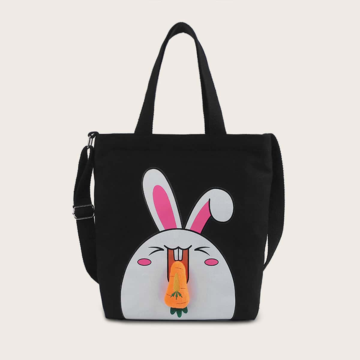 

Carrot Decor Rabbit Graphic Tote Bag, Black