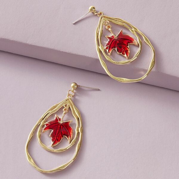 

1pair Maple Charm Waterdrop Earrings, Red