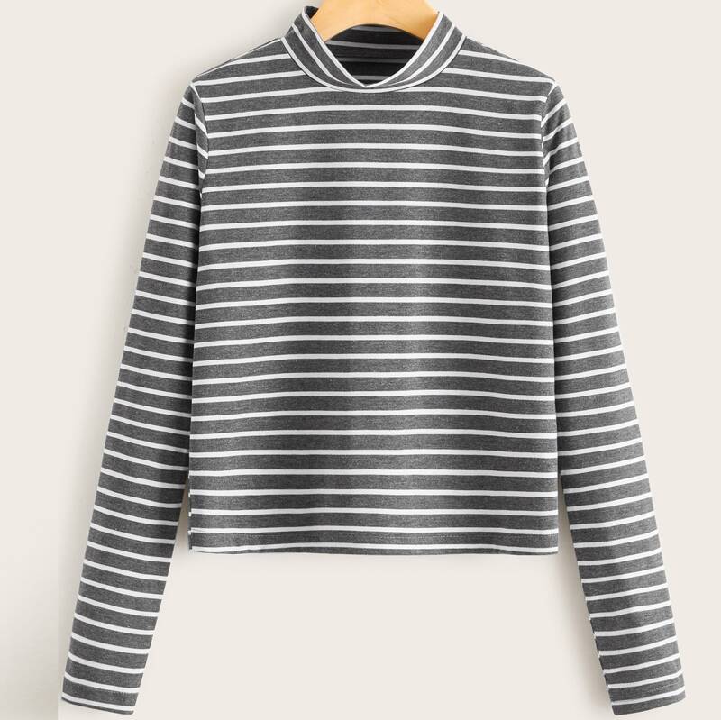 

Mock Neck Striped Pattern Tee, Grey