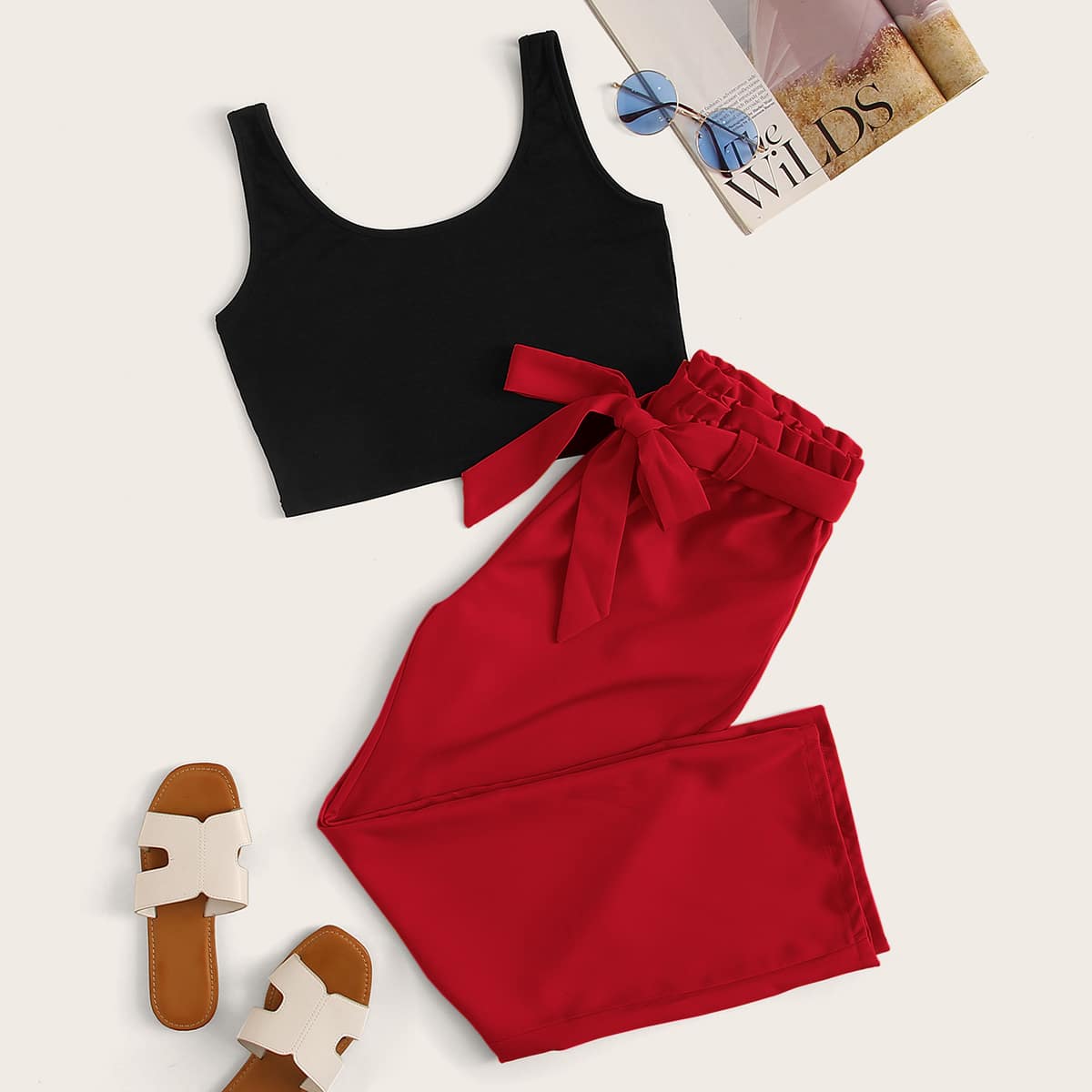 

Solid Tank Top With Belted Pants, Multicolor