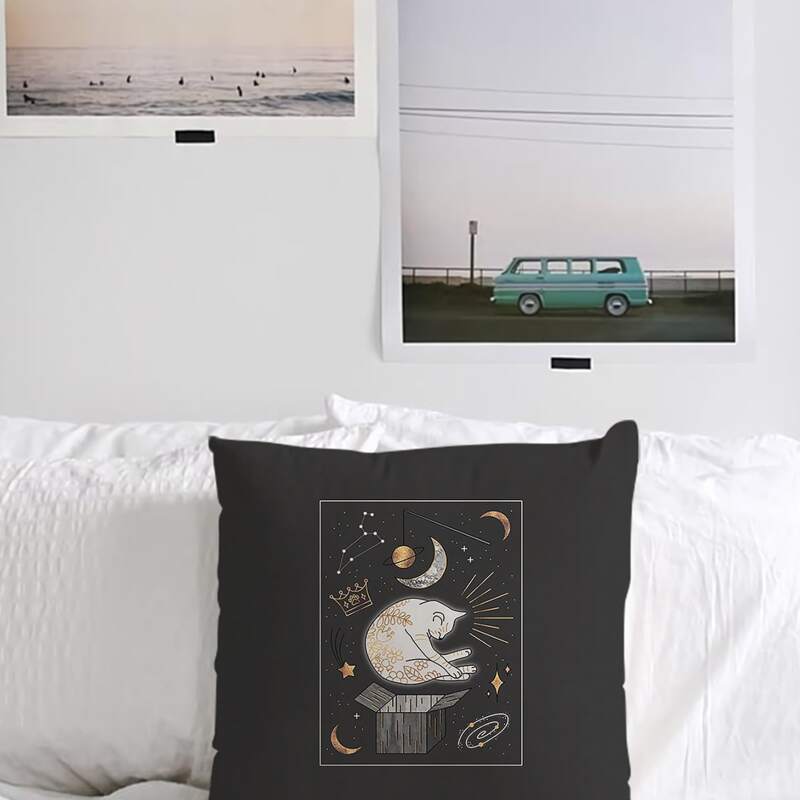 

1pc Starry Sky & Cat Print Cushion Cover Without Filler, Black and white
