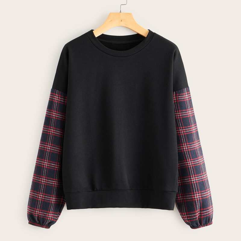 

Contrast Tartan Crew Neck Sweatshirt, Black