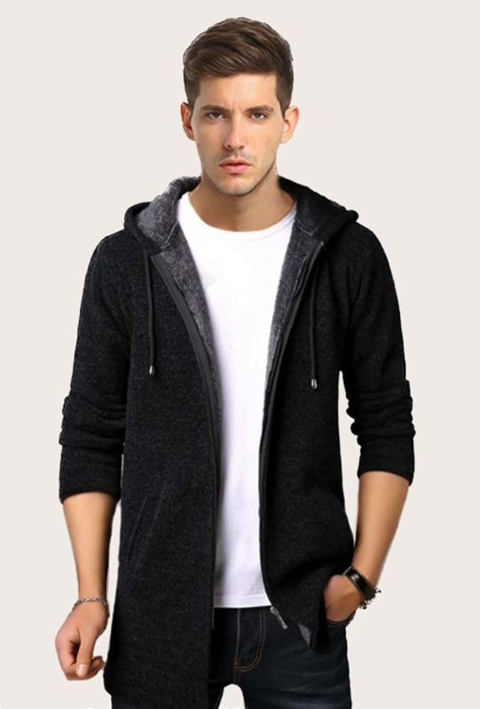 

Men Zip Up Drawstring Hooded Cardigan, Black