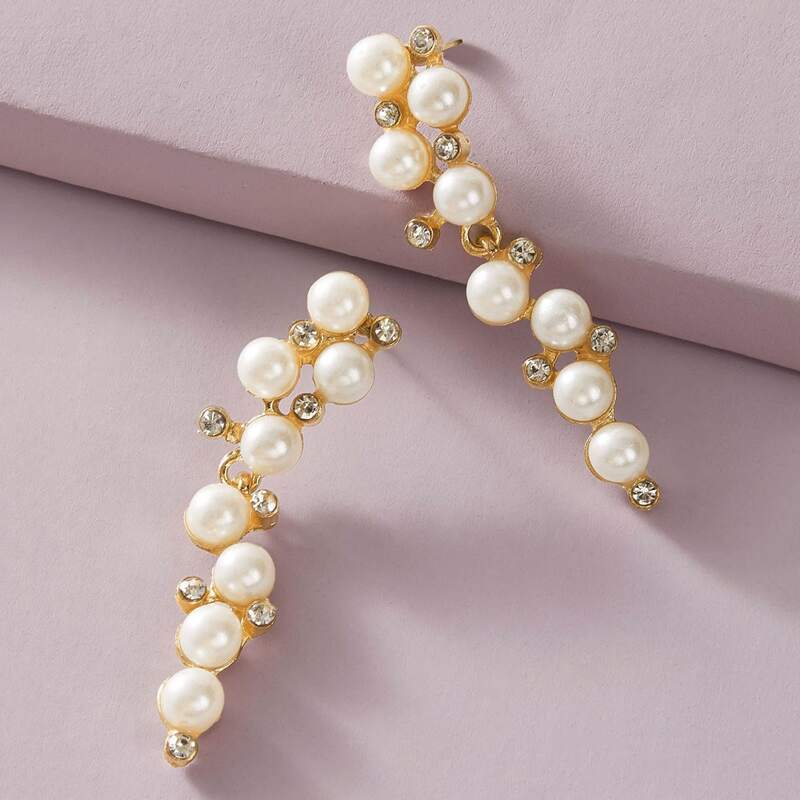 

1pair Faux Pearl & Rhinestone Decor Long Stud Earrings, White