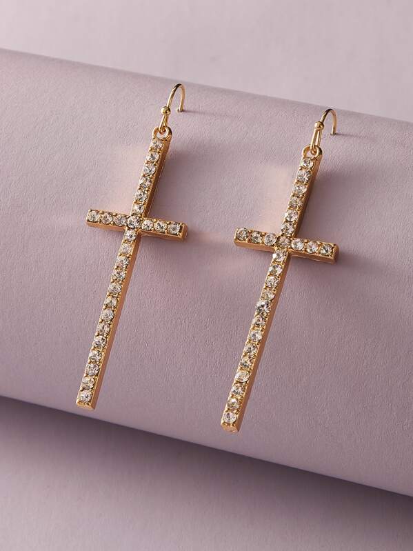 

1pair Rhinestone Engraved Cross Drop Earrings, Gold