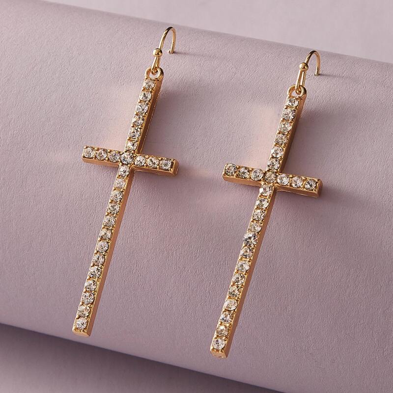 

1pair Rhinestone Engraved Cross Drop Earrings, Gold