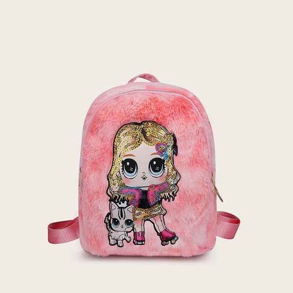 

Girls Sequins Decor Figure Graphic Backpack, Pink