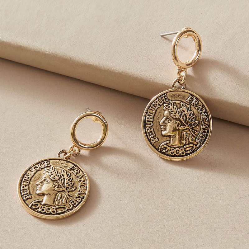 

1pair Ring Decor Coin Drop Earrings, Gold