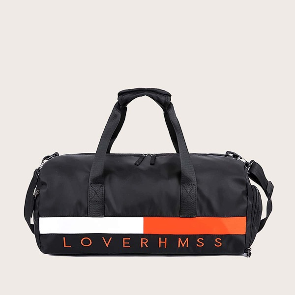 

Men Letter Embroidered Barrel Bag, Black