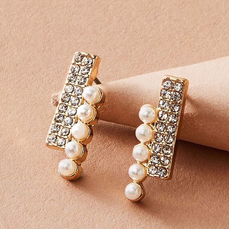 

1pair Rhinestone Engraved Faux Pearl Earrings, Multicolor