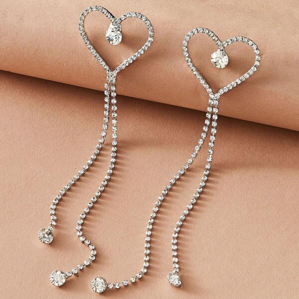 

1pair Rhinestone Engraved Heart Tassel Drop Earrings, Silver