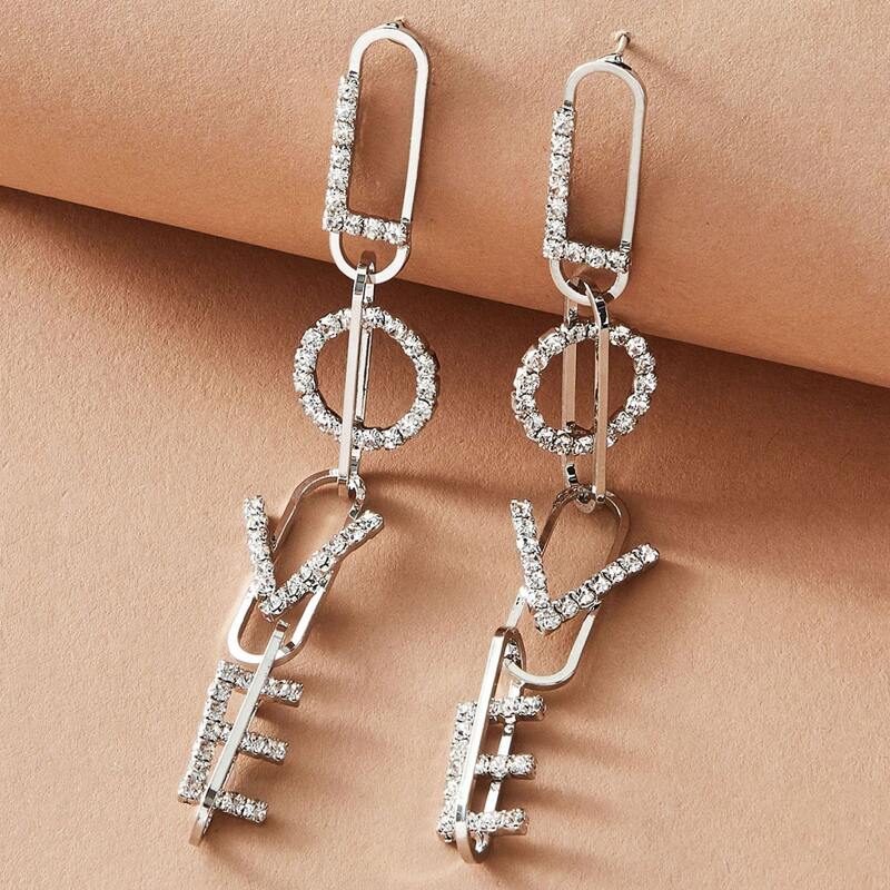 1pair Rhinestone Engraved Letter Drop Earrings, Silver