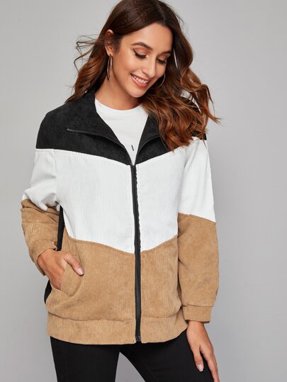 Colorblock Zip Up Corduroy Jacket