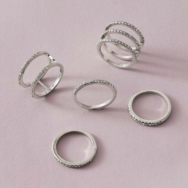 

5pcs Rhinestone Decor Ring, Silver