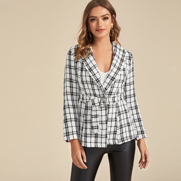 

Plaid Lapel Neck Belted Tweed Coat, Black and white