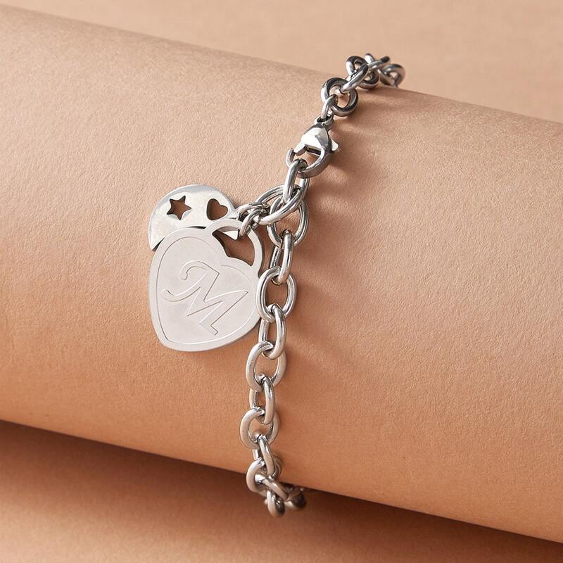 

1pc Heart & Moon Charm Chain Bracelet, Silver