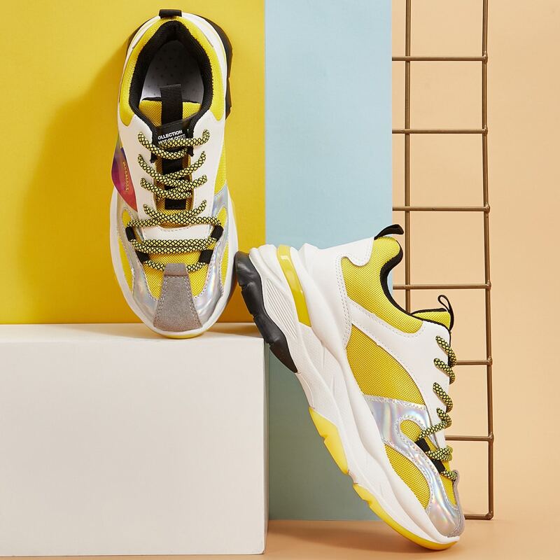 

Holographic Panel Lace-up Front Chunky Heels, Multicolor