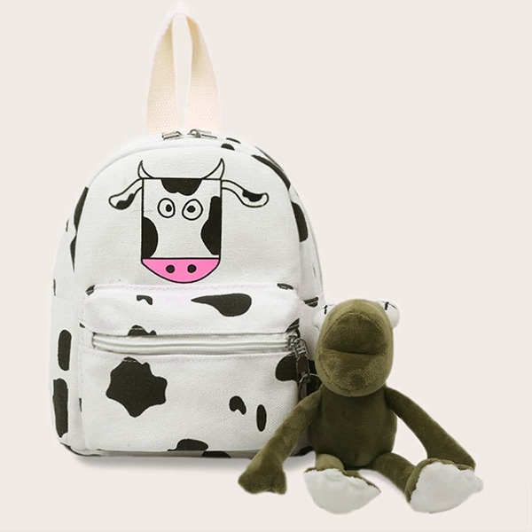 Kids Frog Decor Cow Graphic Backpack, Black and white