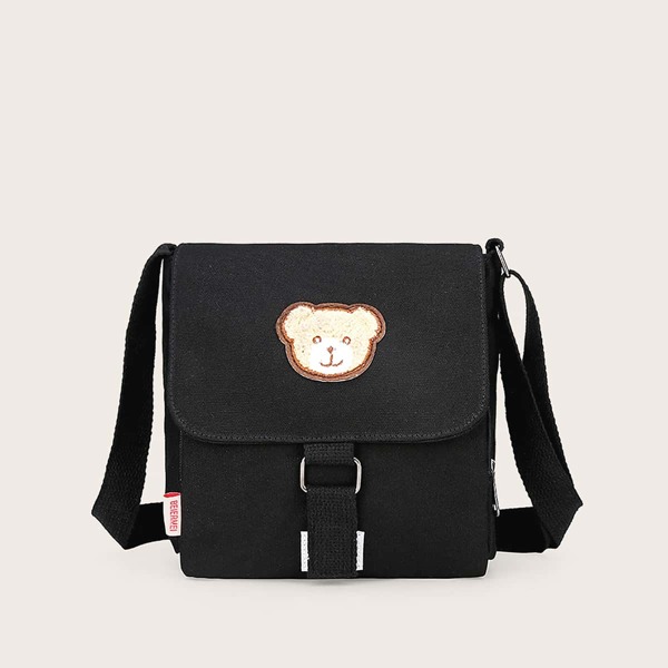 

Girls Bear Patch Decor Flap Crossbody Bag, Black